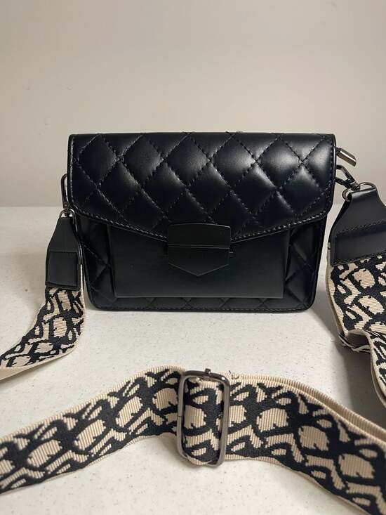 Unbranded Handbags - NEW - Black Quilted Faux Leather Crossbody Bag w Patterned Wide Strap